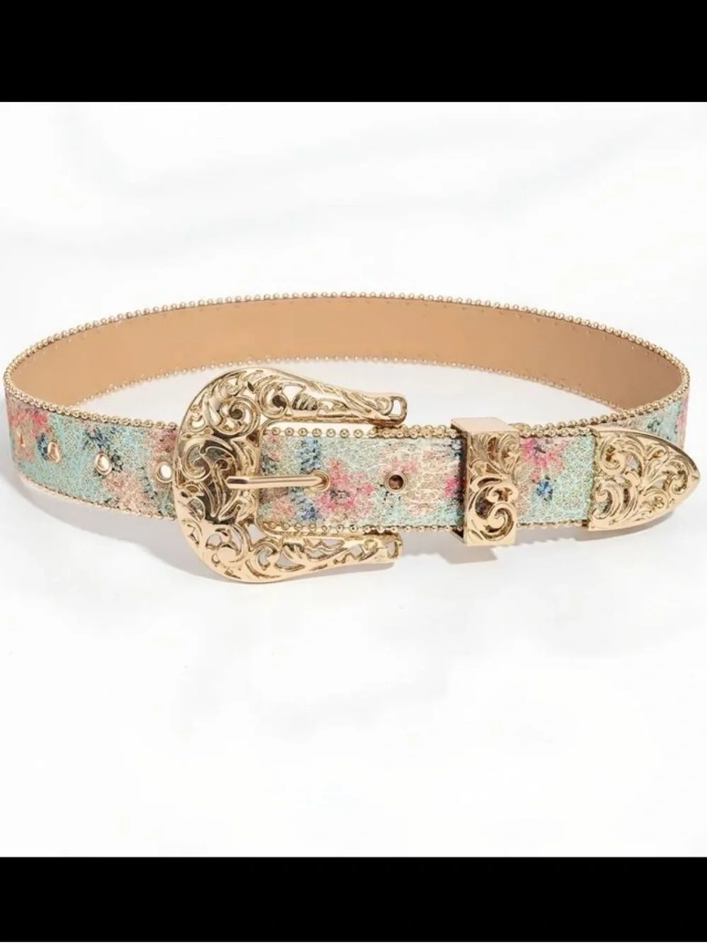 Gold-Tone Floral Embroidered Western Belt - Blue Multi
